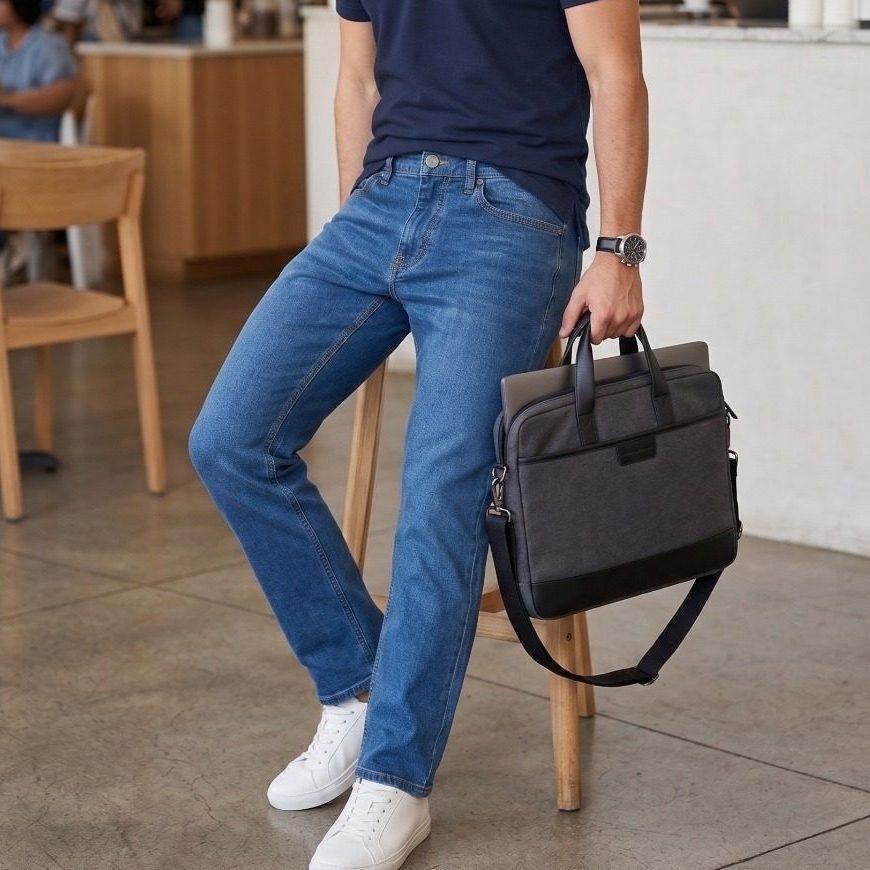 Premium Men’s Slim Straight Jeans – Medium Blue Wash